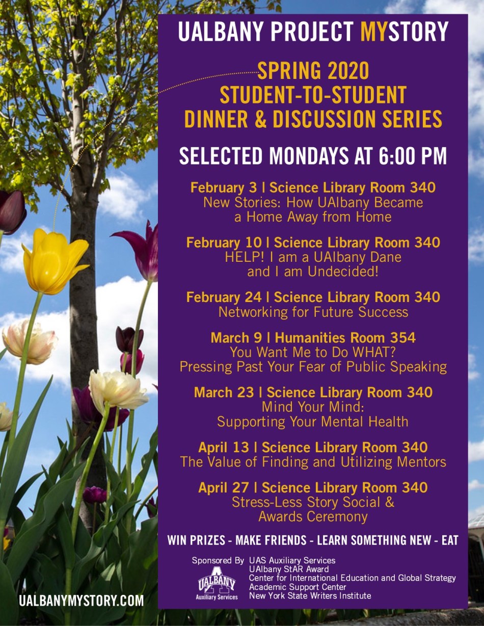 2020 Spring UAlbany Project MyStory Student-to-Student Series Flyer