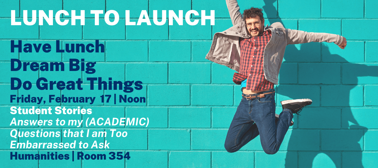 Person jumping with a blue brick wall behind them. Advertisement for the Lunch to Launch event on Feb 17.